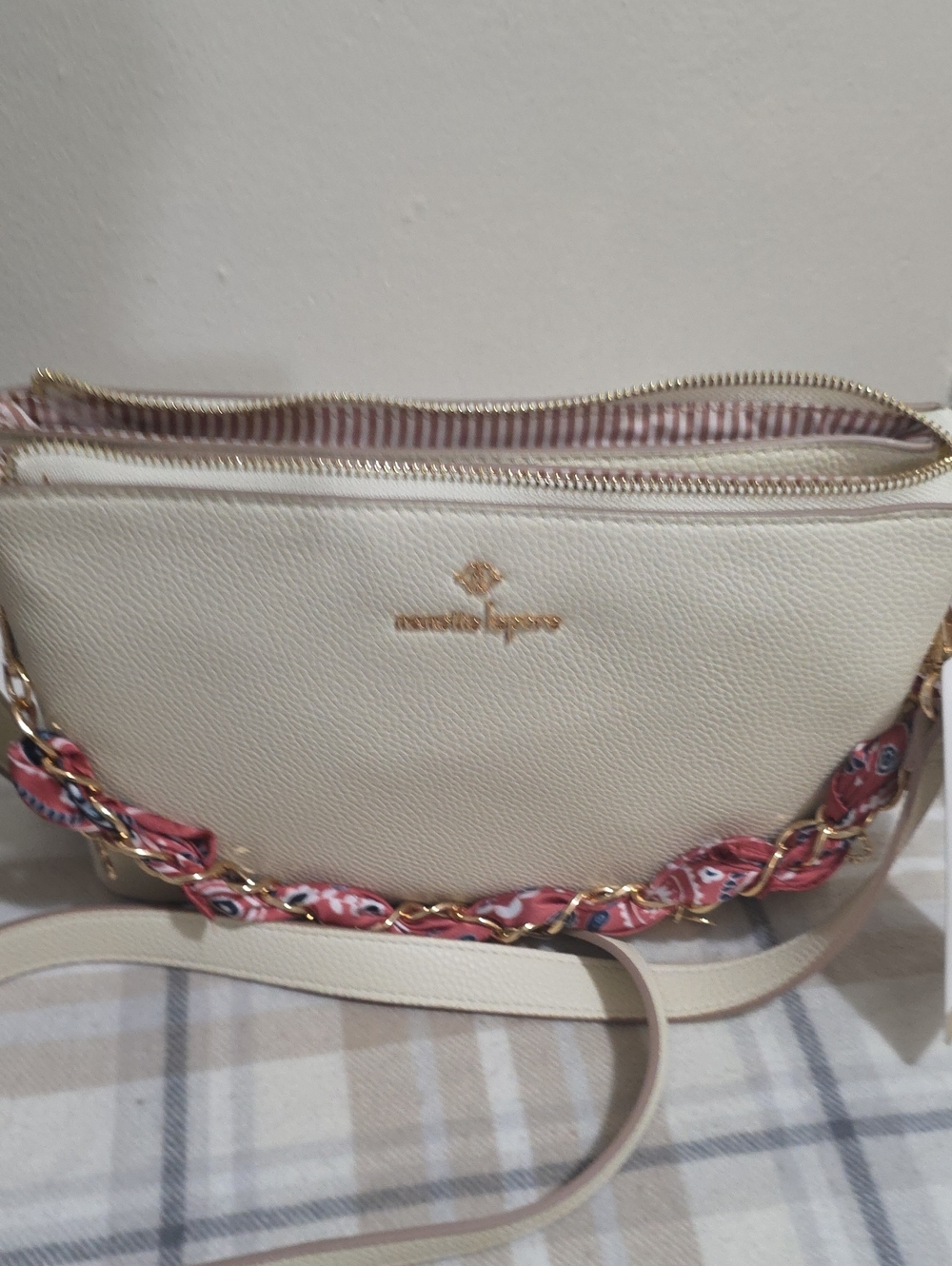 Cream Crossbody Bag with Pink Scarf Accent